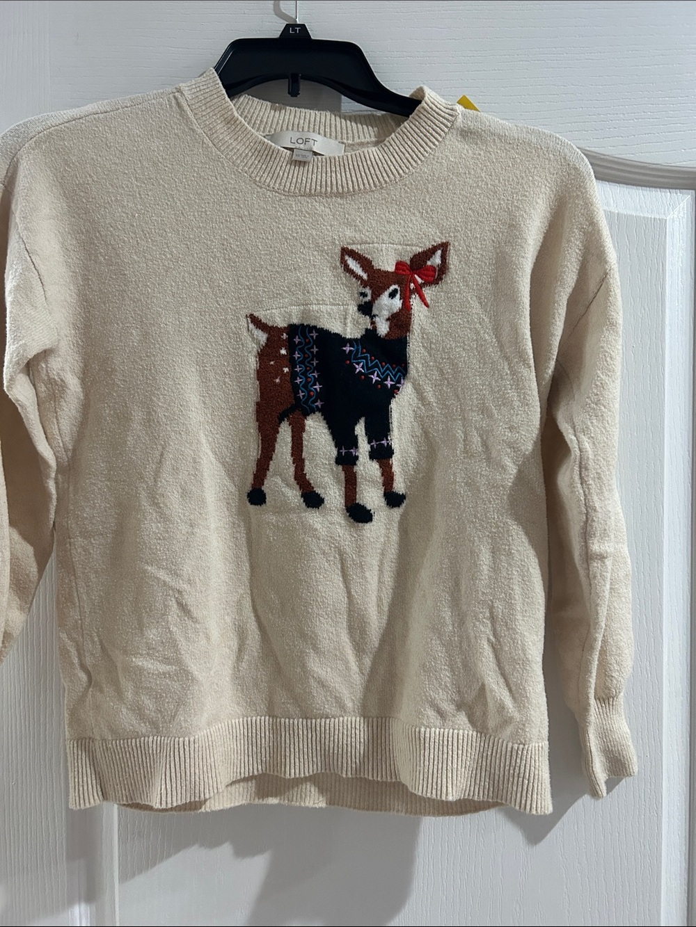 LOFT Cream Crewneck Sweater with Deer Intarsia and Red Bow